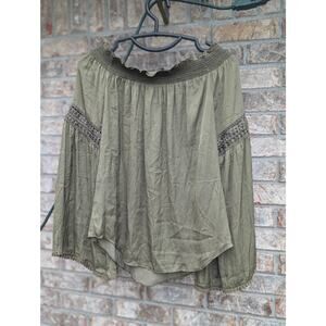 White House Black Market Top Womens XS Olive Peasant Satin 3/4 Sleeve